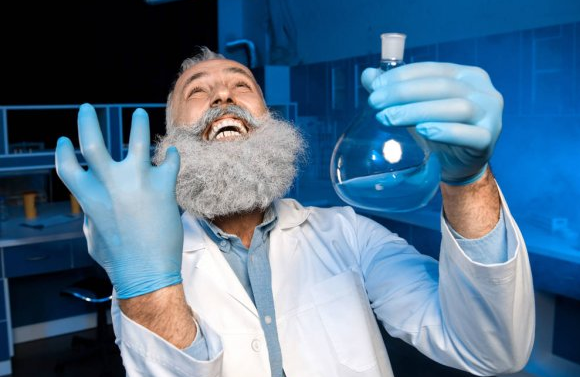 Mad scientist in a lab holding beaker